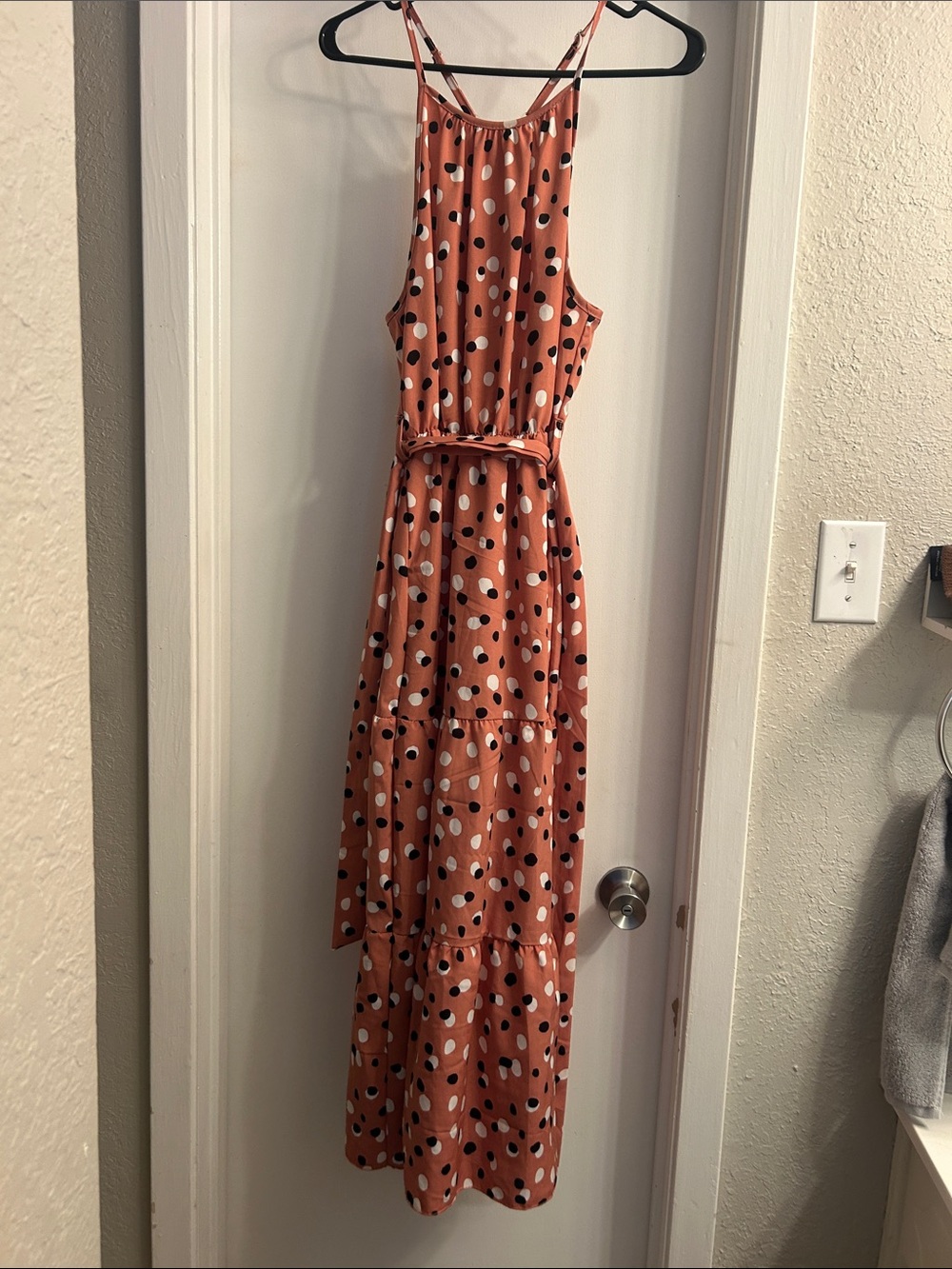Polka Dot Rust Maxi Dress with Belt